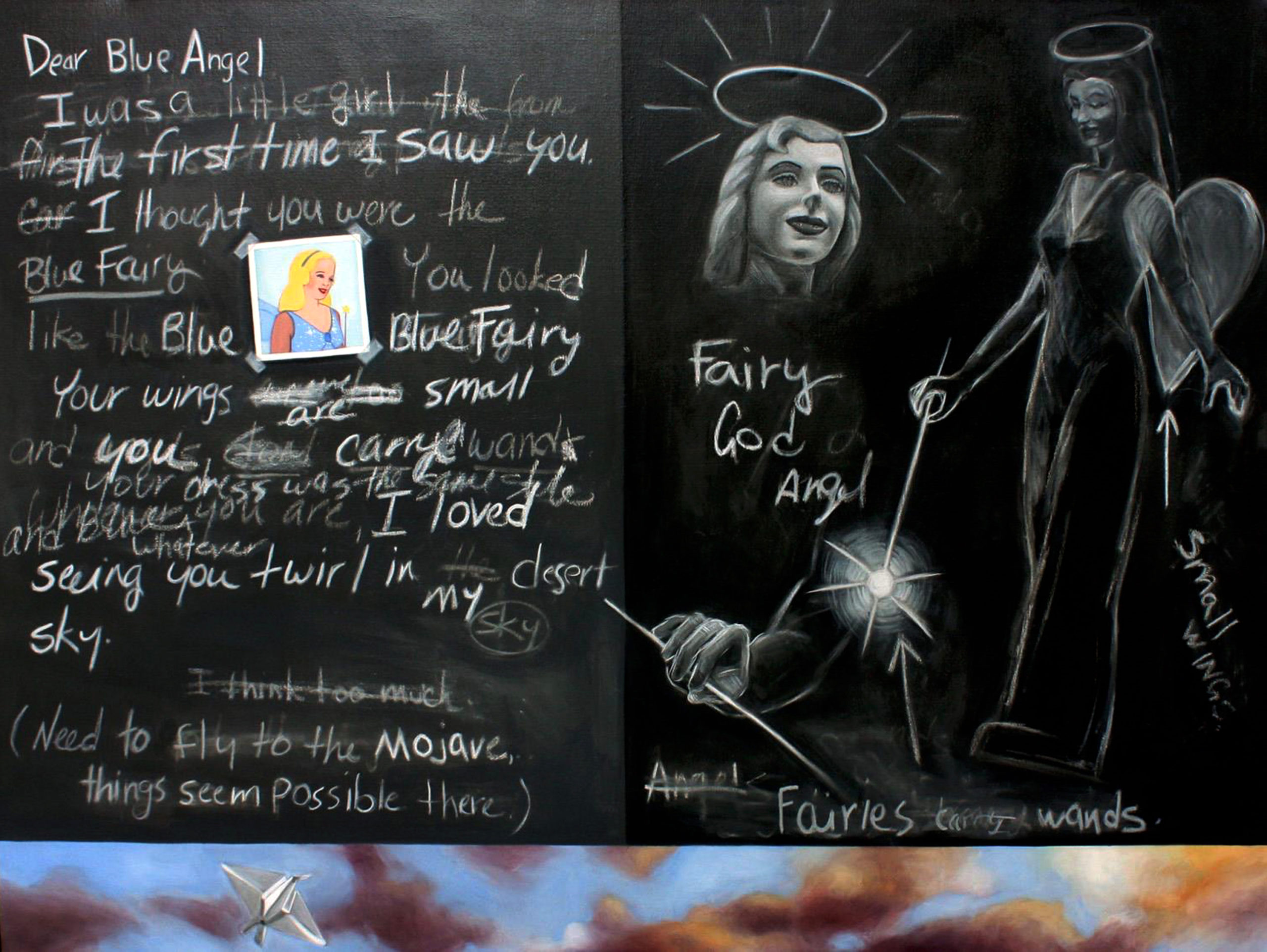 Painting created to look like a chalkboard with writing on it and drawings of the Blue Angel Motel statue.
