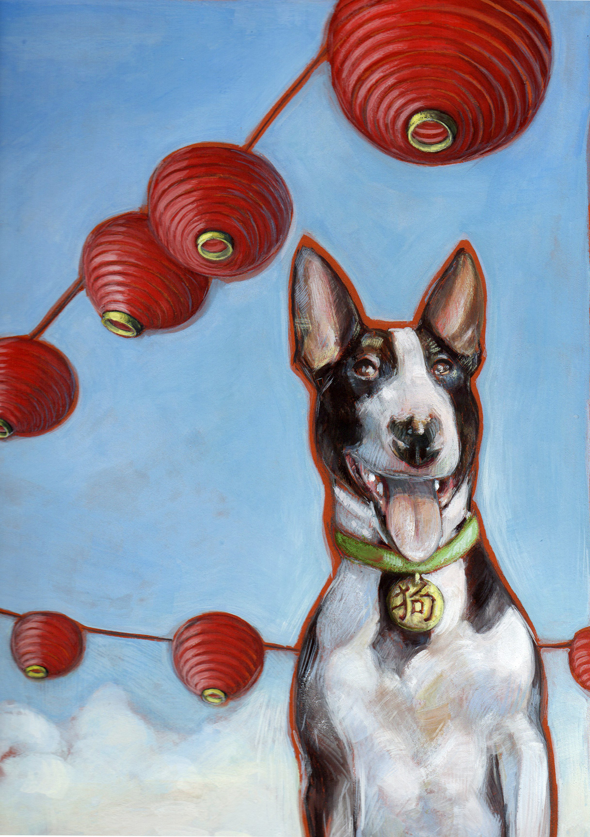 Painting of an English Bull Terrier under paper lanterns