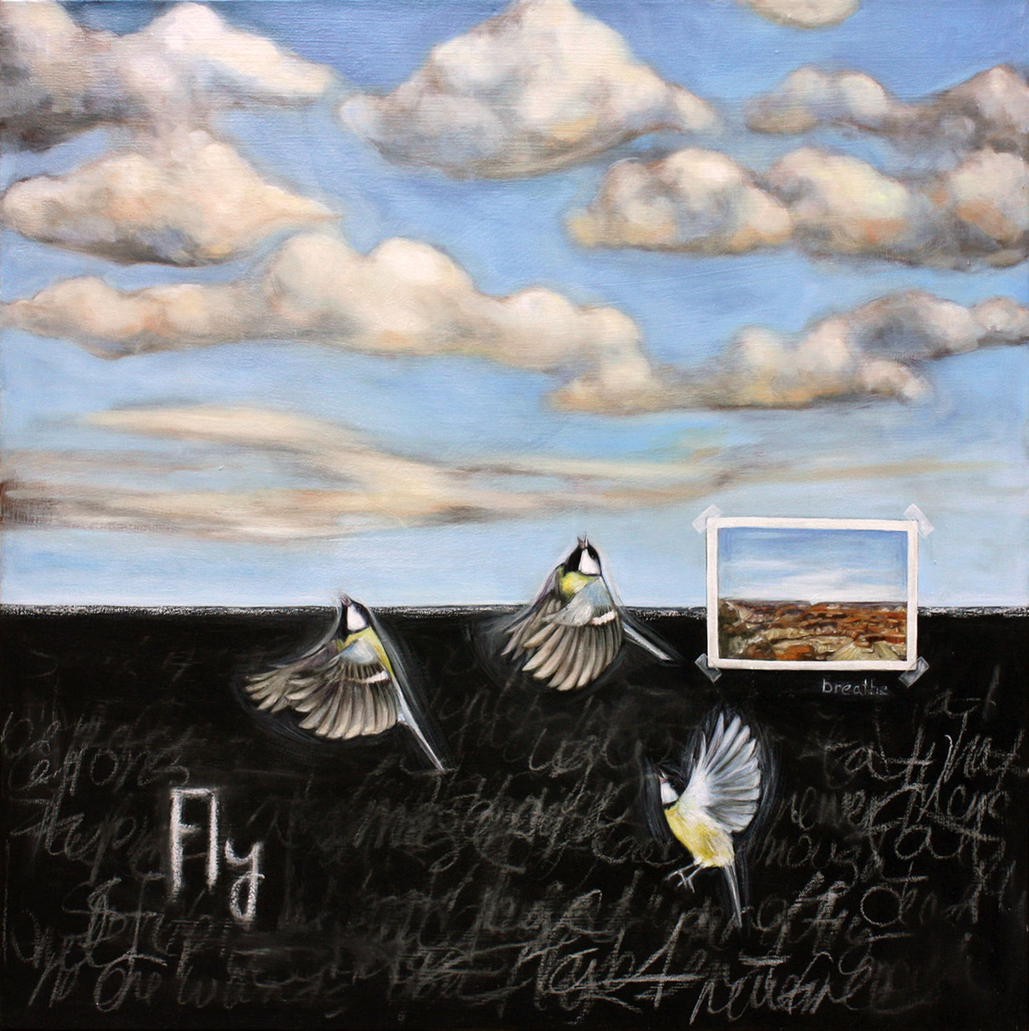 Painting of three goldfinches flying to a cloud filled blue sky.
