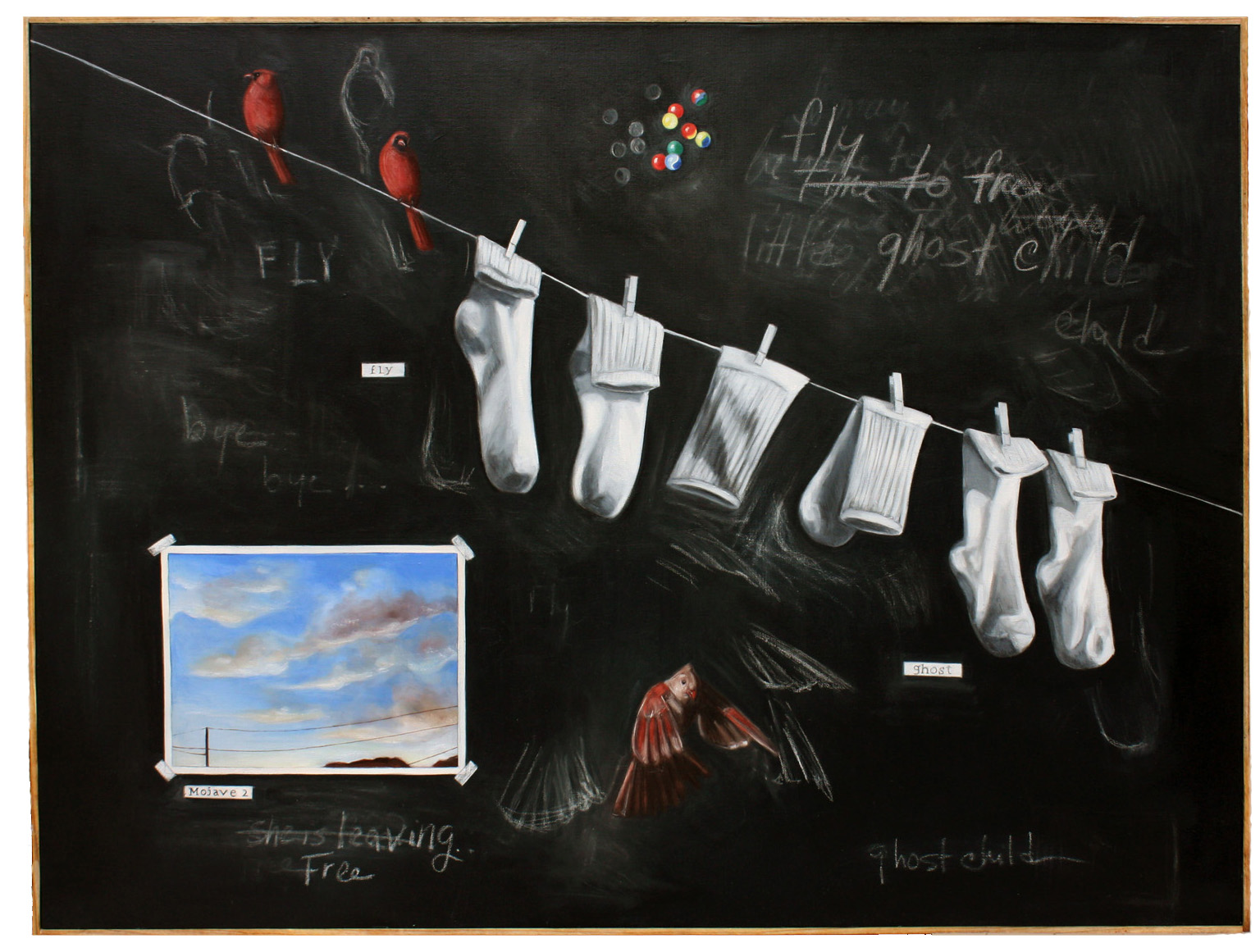 Oil painting of a chalkboard with a clothes line and socks.