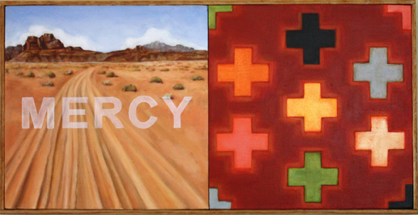 Painting of a desert road on the left side. Painting of multi colored equal sided crosses on a red background on the right side.