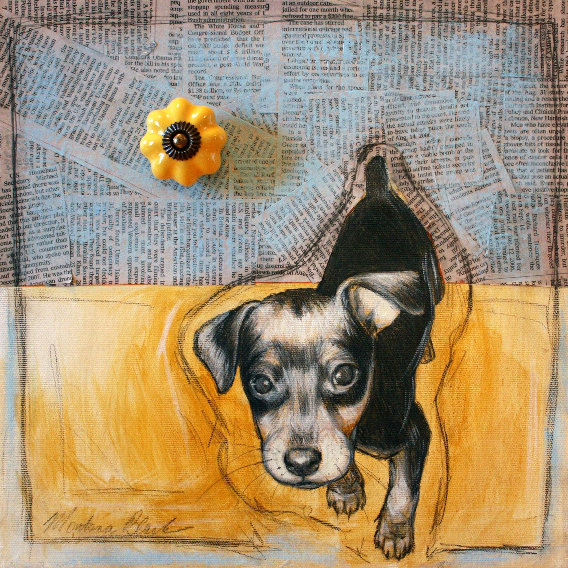 Mixed media painting of a puppy named Kokopelli