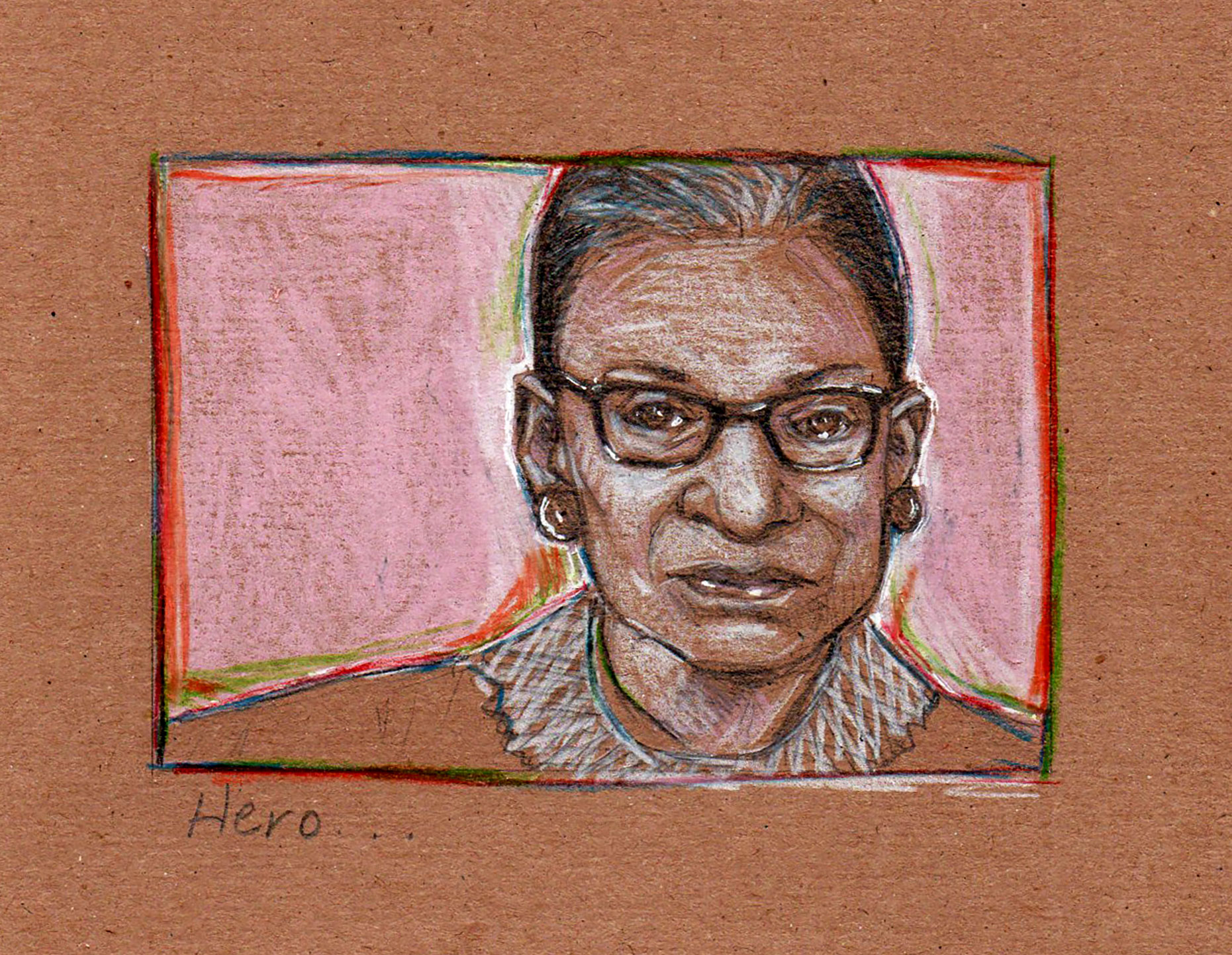Color pencil drawing of Suprem Court Justice Ruth Bader Ginsburg on brown chipboard.