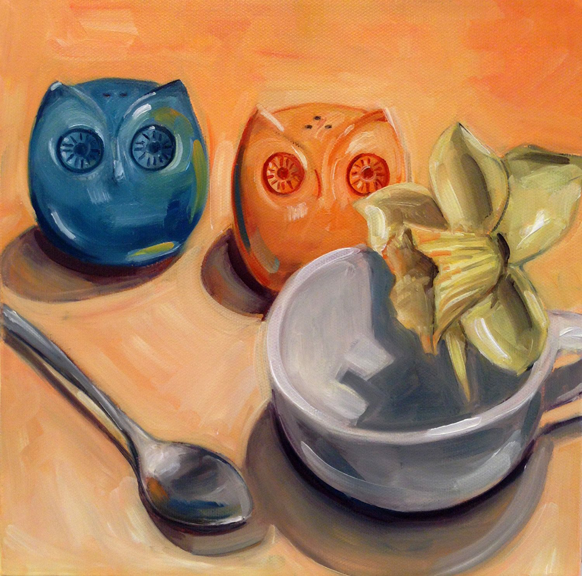 Painting of a cup, yellow flower, and owl shaped salt and pepper shakers.