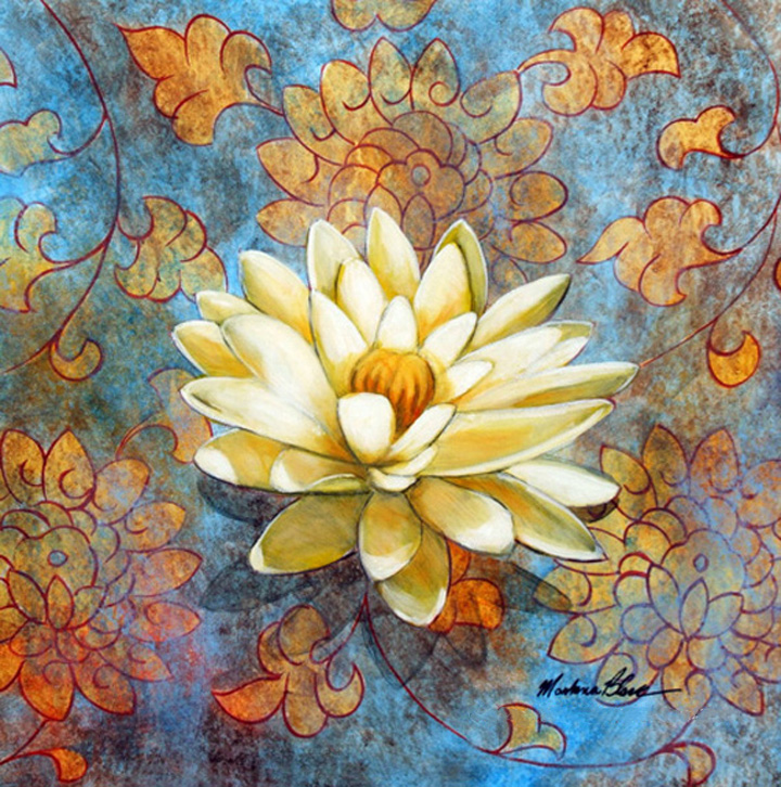 Painting of a white lotus on a blue and multicolored background