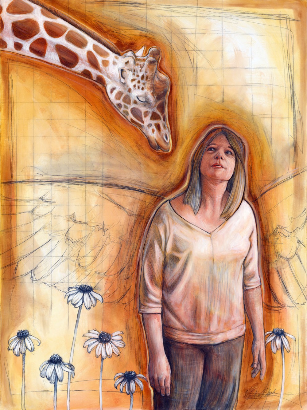 Painting of a female angel looking at a giraffe