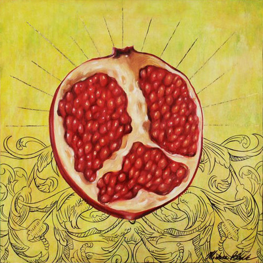Painting of a pomegranate on a bright yellow background in a gold leafed frame.