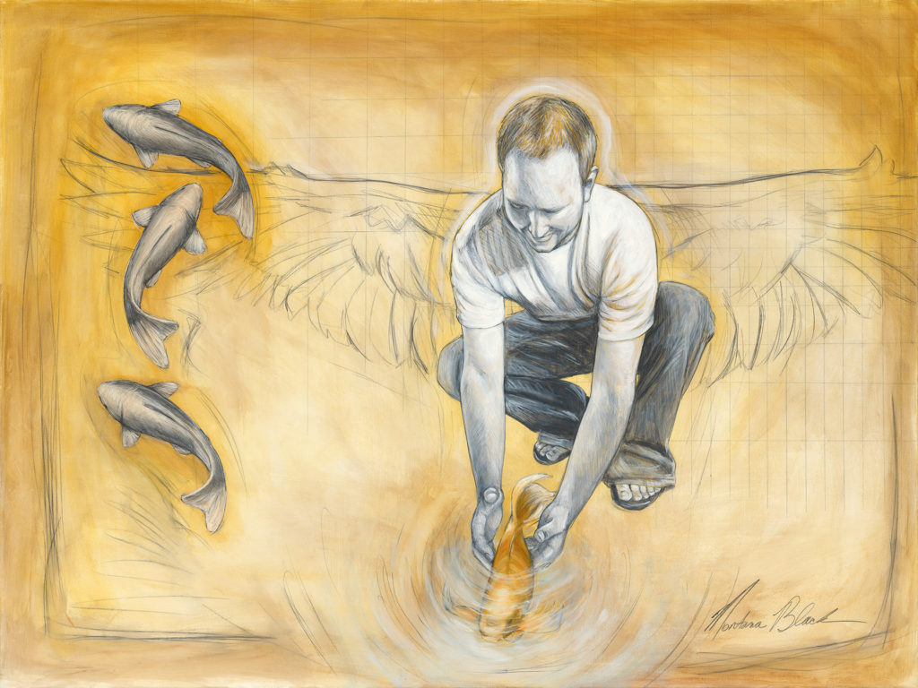 Painting of a young man releasing a gold fish into water.