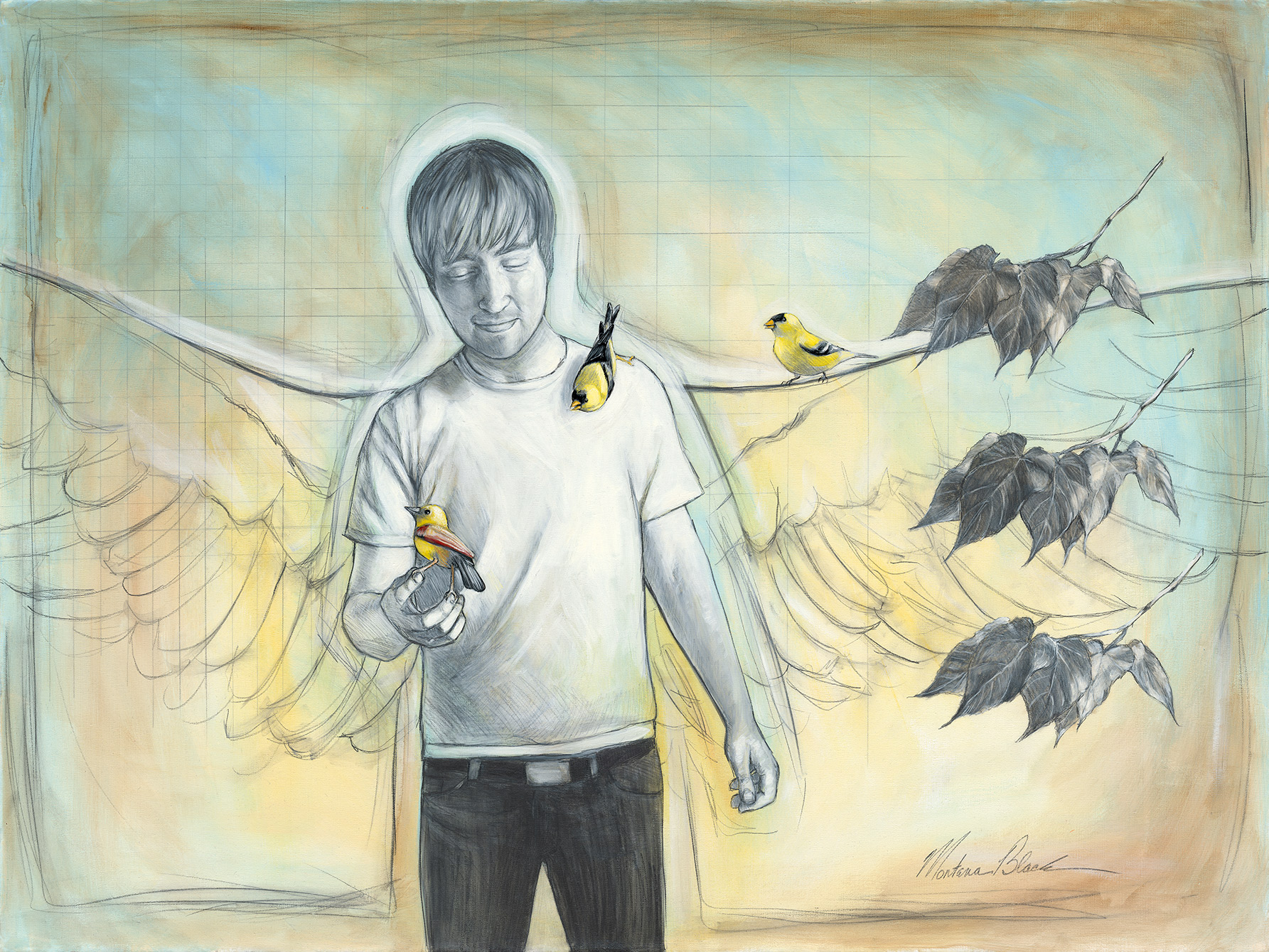 Painting of a young man with angel wings and three goldfinches.