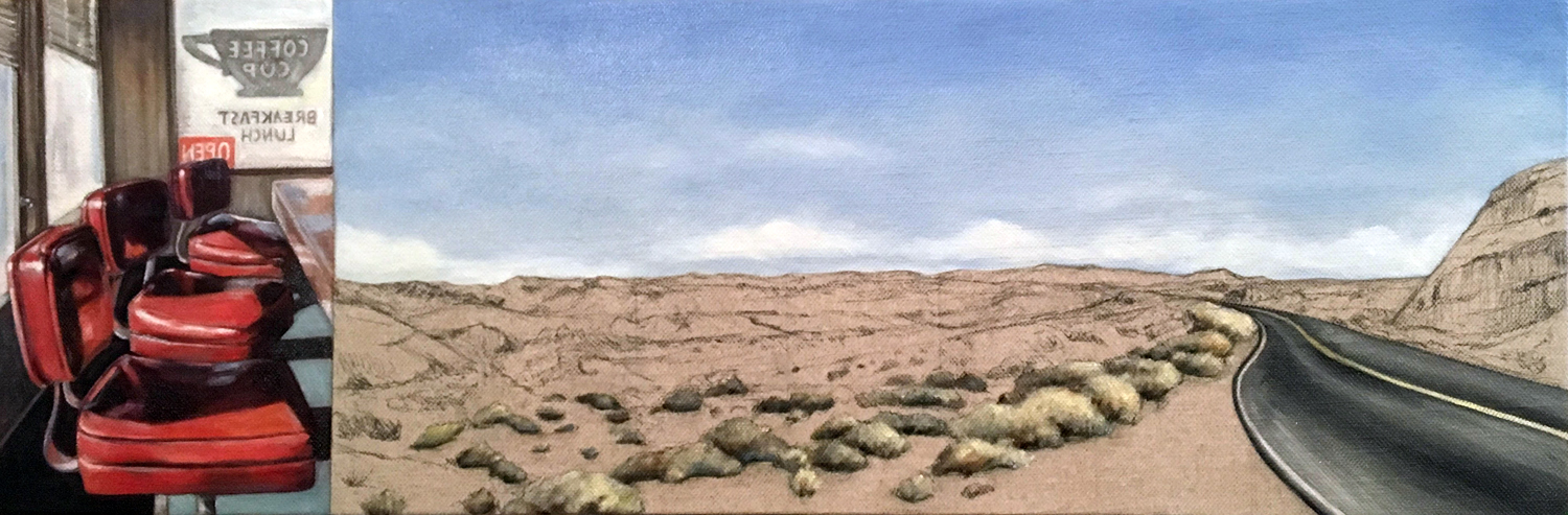 Painting of cafe chairs and a desert road