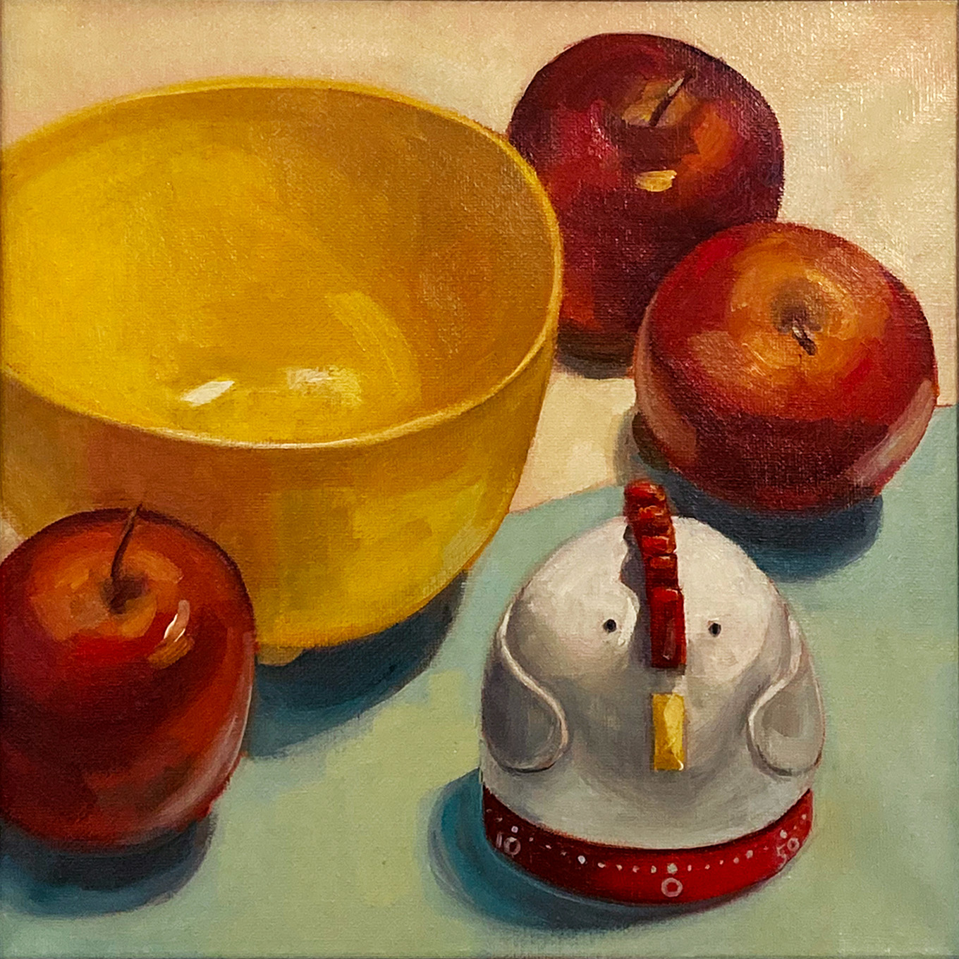 Painting of a chicken egg timer, three apples and a yellow bowl.