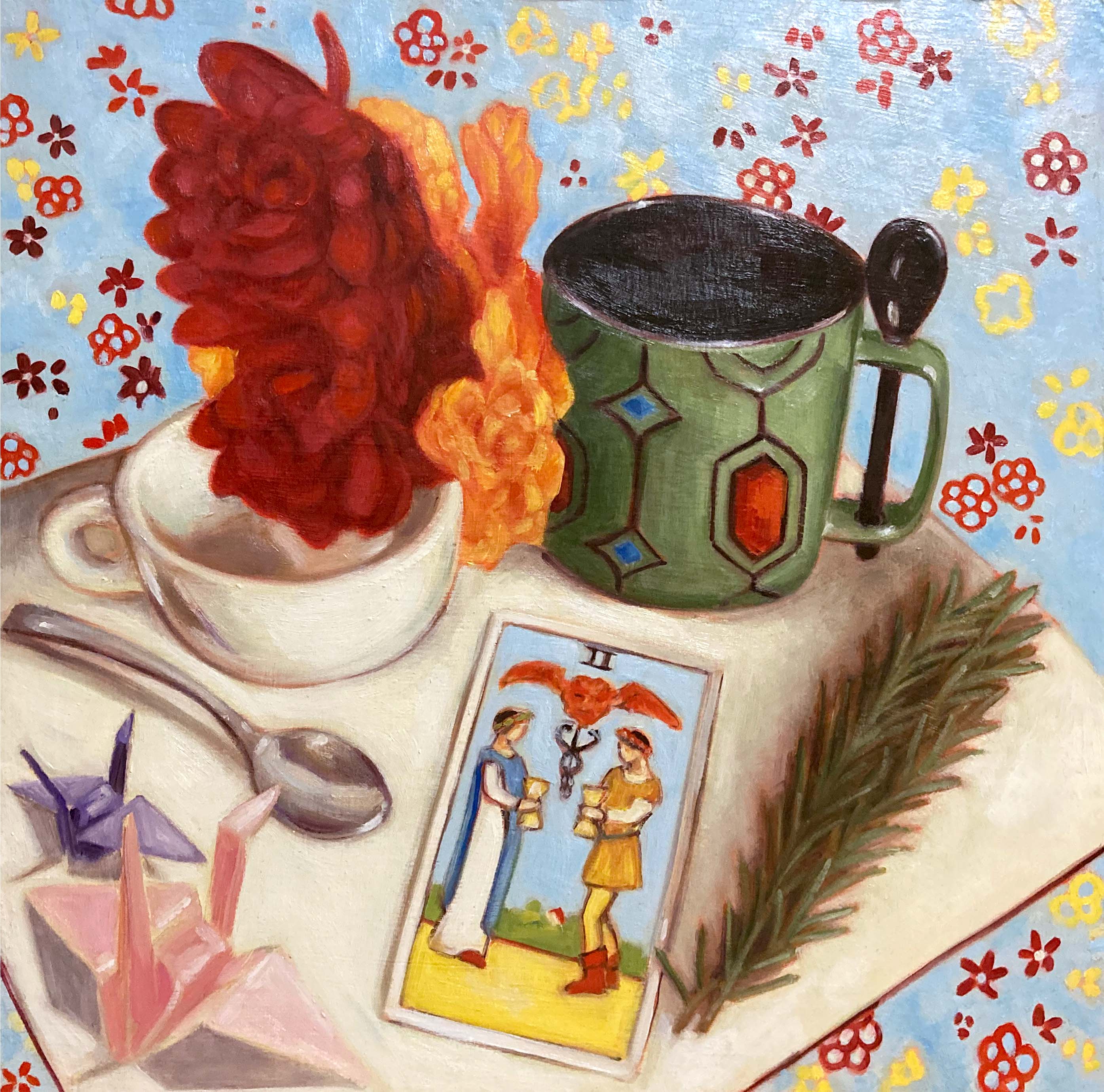 Painting of the Two of Cups Tarot card, two coffee cups, two paper cranes on a background of flowers.