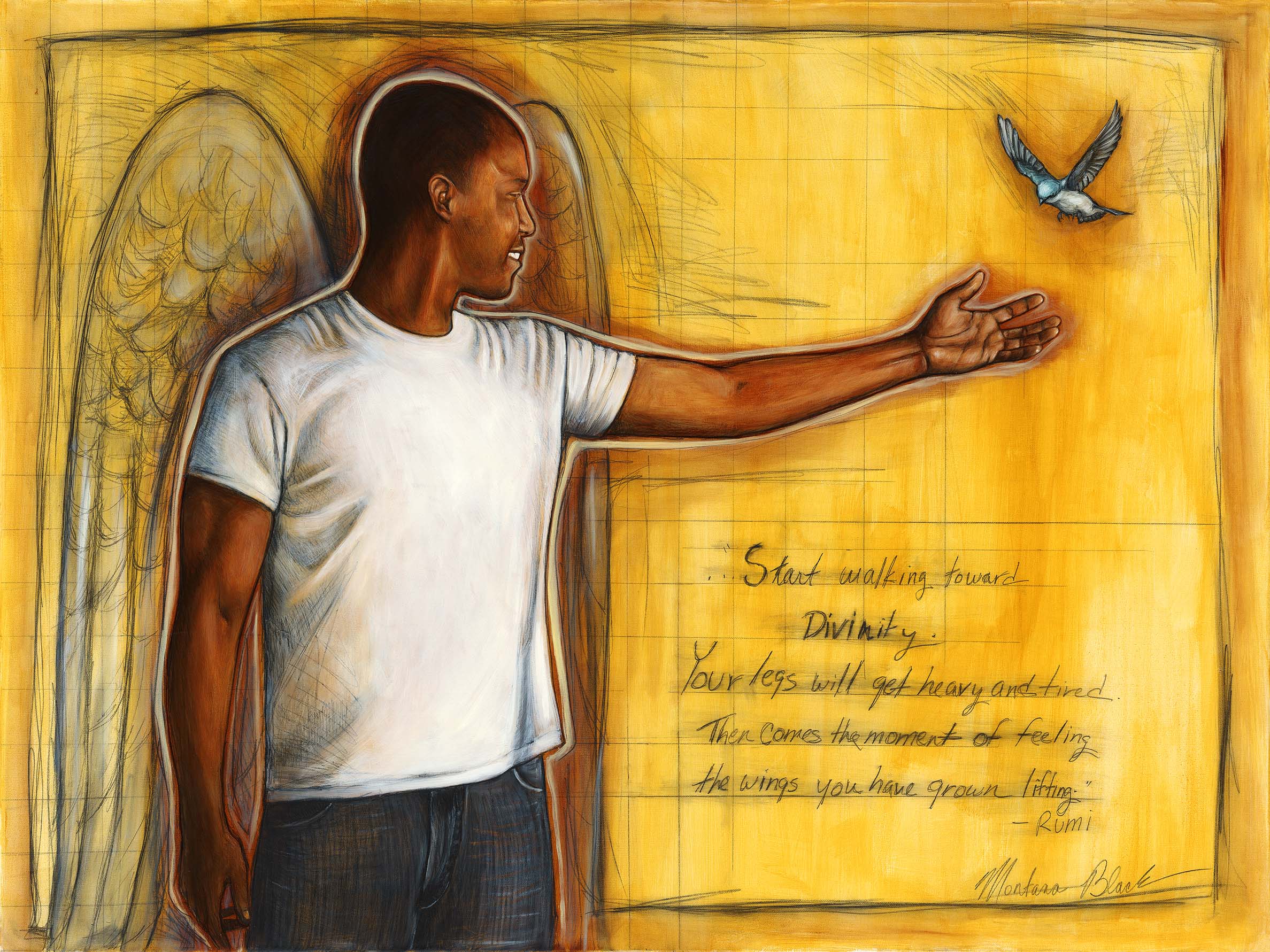 Painting of a young man welcoming a blue bird to land on his hand.
