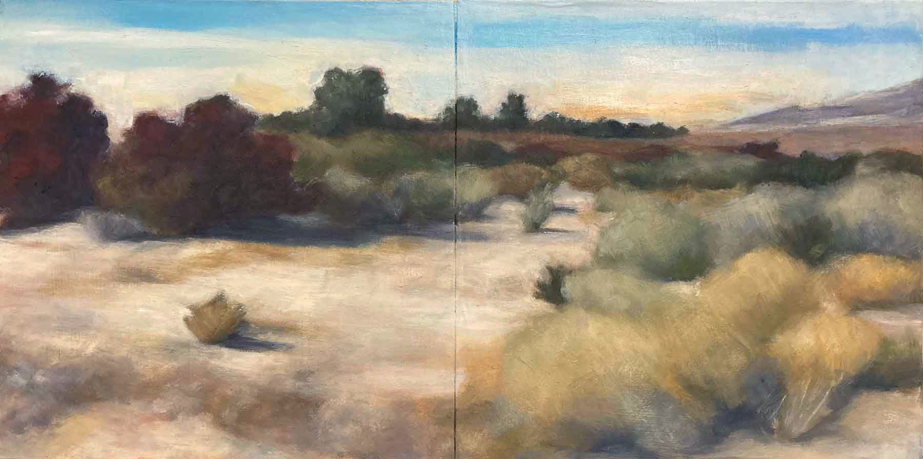 Painting of a desert landscape with low lying bushes and a few trees in the distance.