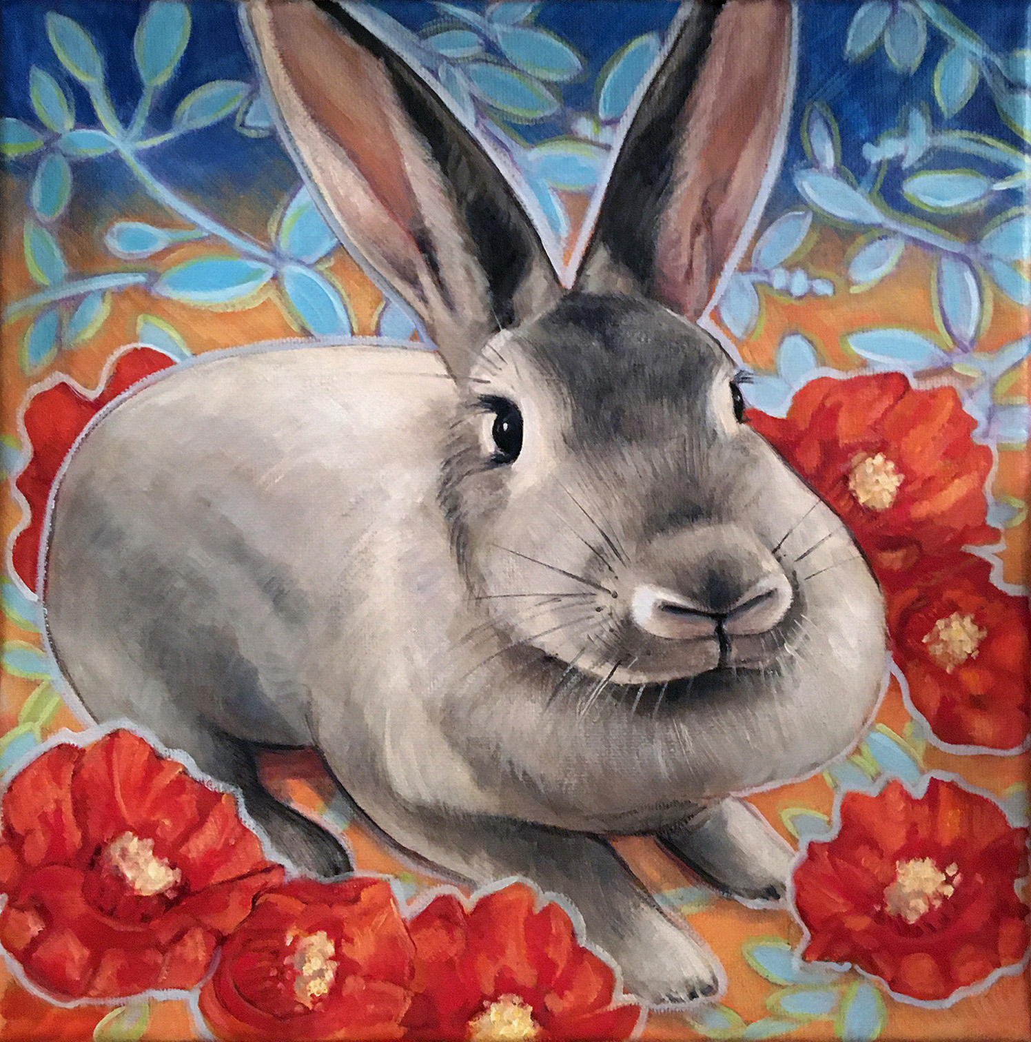 Painted portrait of a pet bunny named Zoe.
