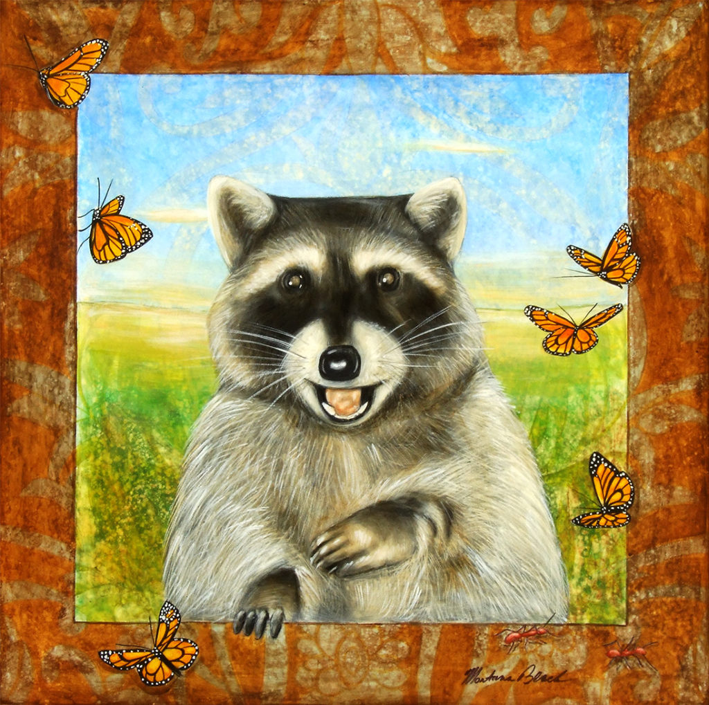 Painting of a racoon surrounded by butterflies.