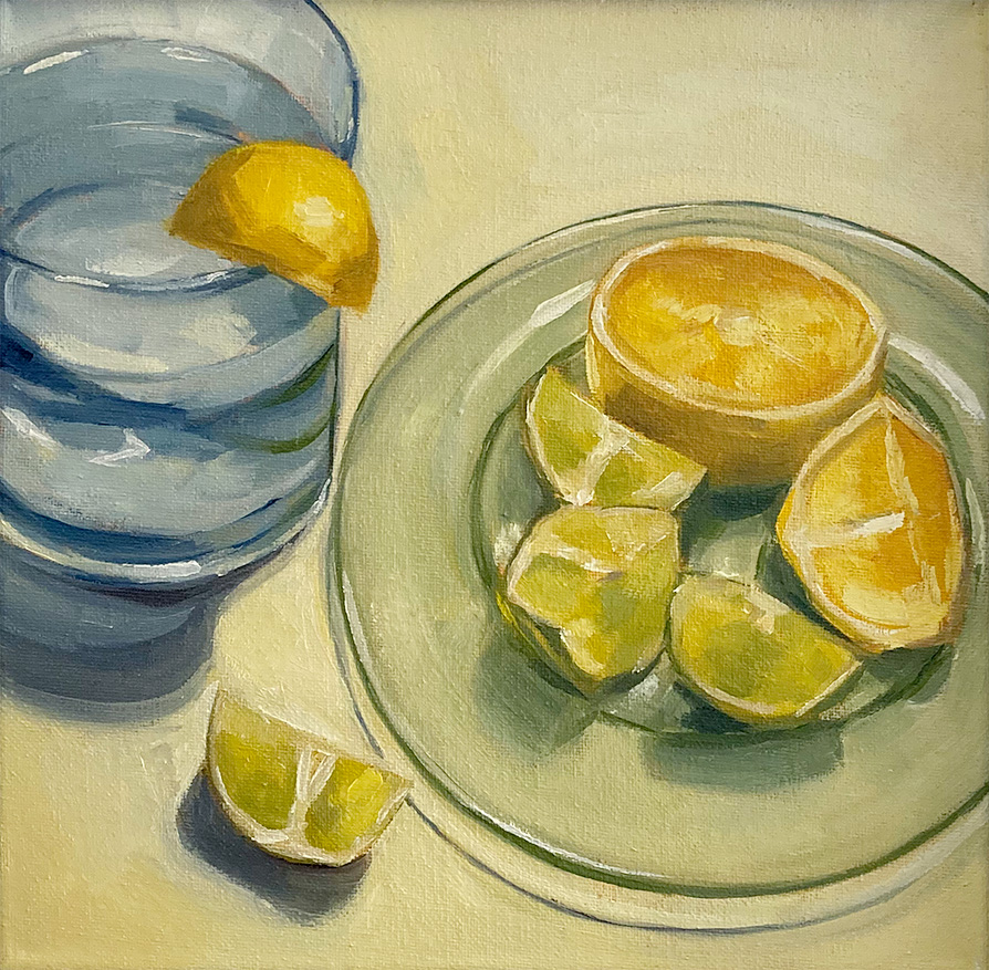 Painting of Lemons and Limes on a green glass plate with a blue glass cup of water.