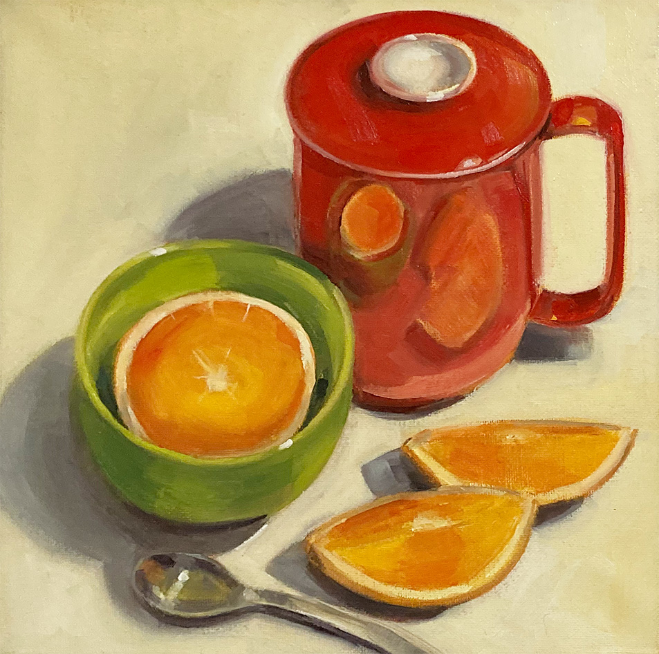 Painting of a red cup, green bowl and orange slices.