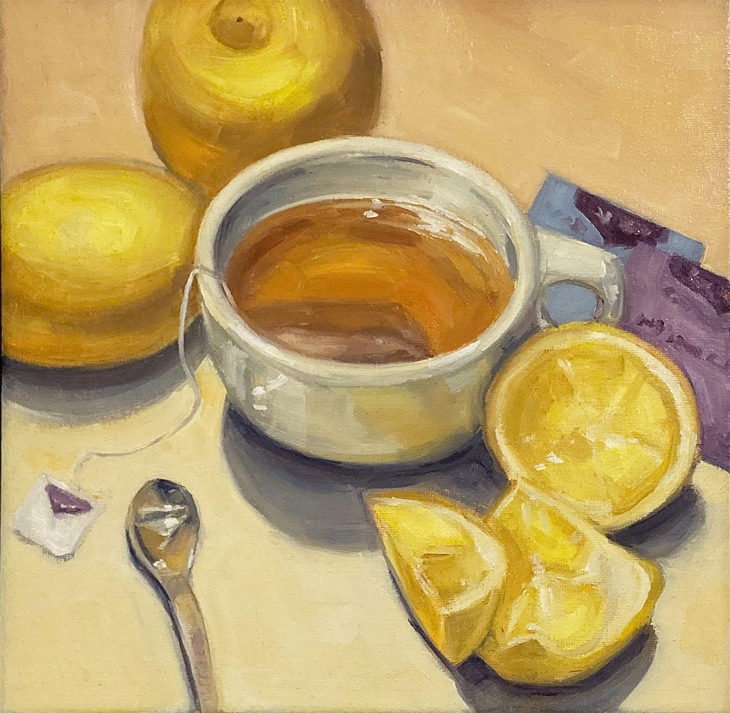 Painting of a cup of tea and slices of lemon.