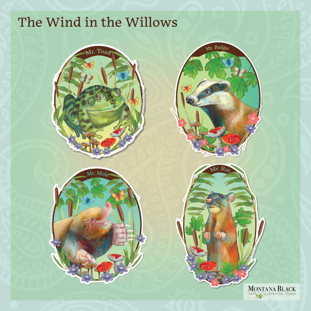 Four portaits of the characters in the children's book The Wind in the Willows. Mr. Badger, Mr. Rat, Mr. Mole and Mr. Toad.