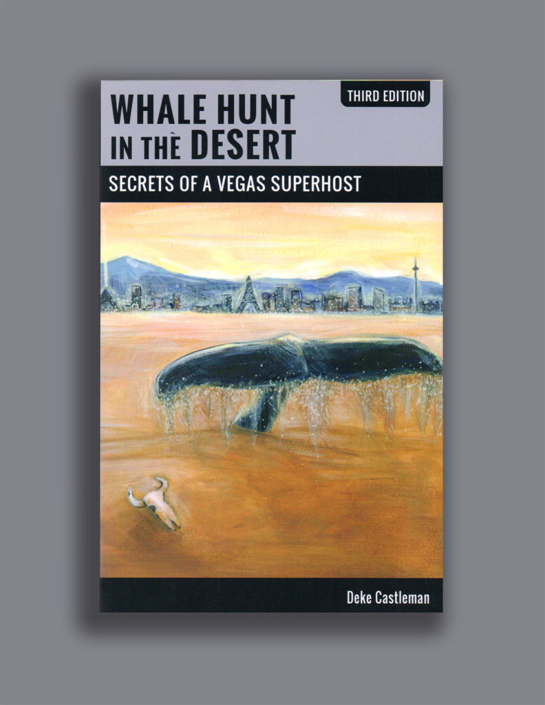 Whale Hunt in the Desert book cover design. A whale tail coming out of sand like water, swimming toward Las Vegas.