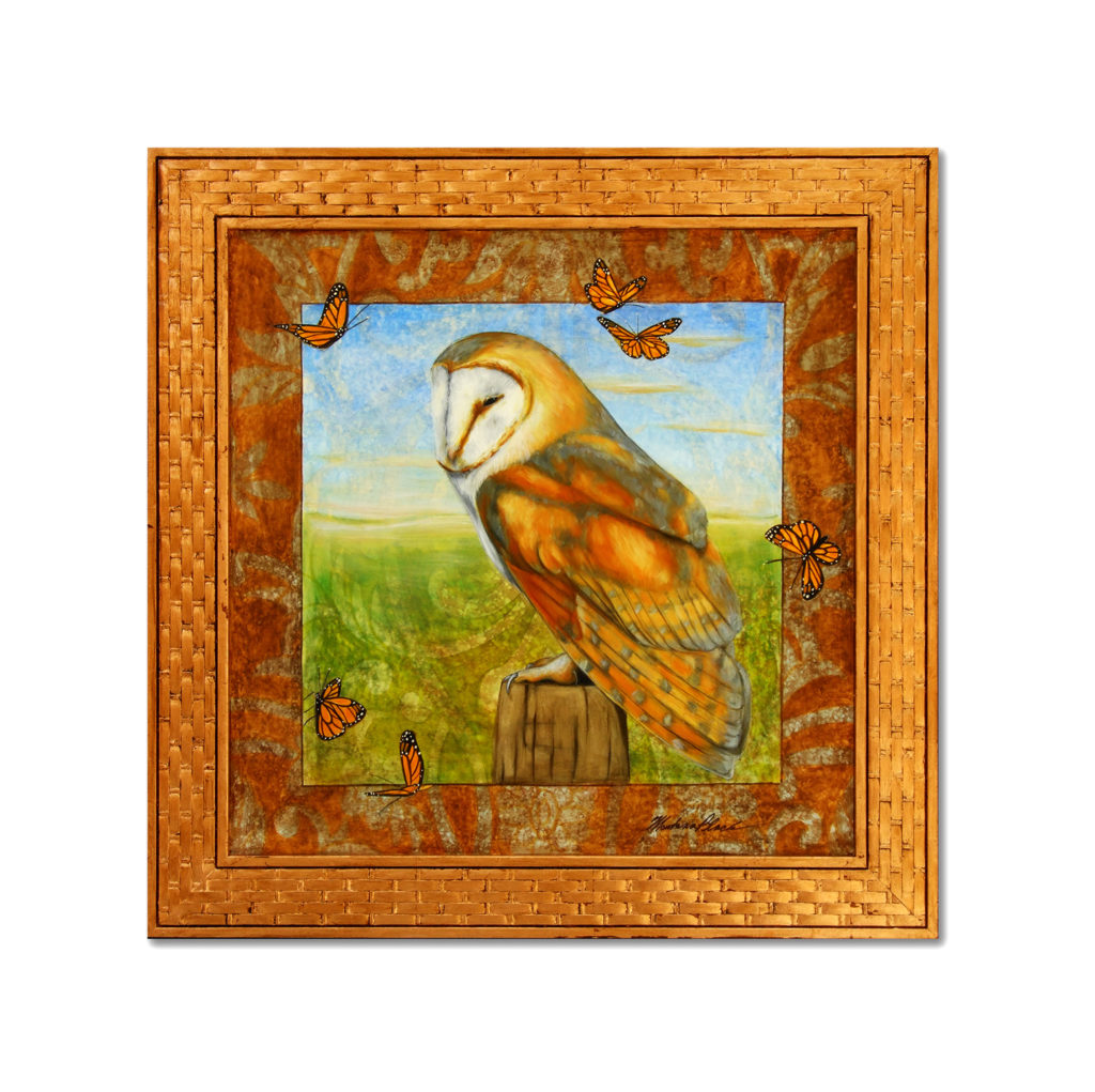 Painting of a barn owl sitting on a post in a field with butterflies flying around.