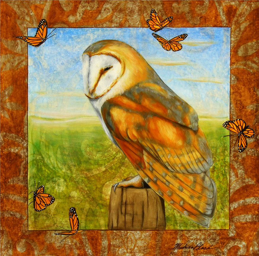Painting of a barn owl sitting on a post in a field with butterflies flying around.
