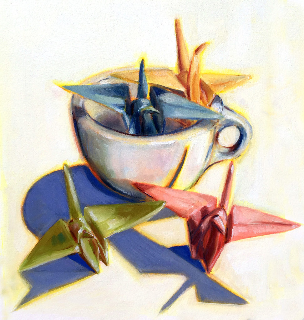 Paintinng of four paper cranes around a coffee cup.