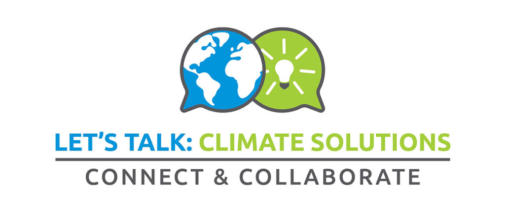 Let's Talk: Climate Solutions logo - green, blue, white and gray