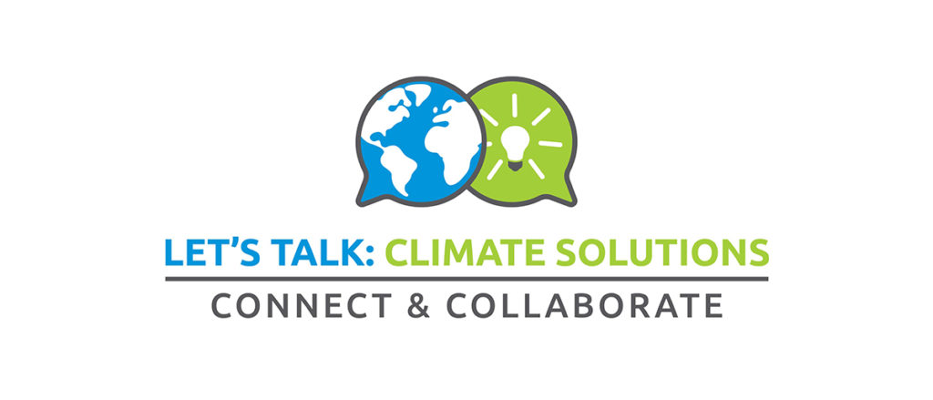 Let's Talk: Climate Solutions logo - green, blue, white and gray