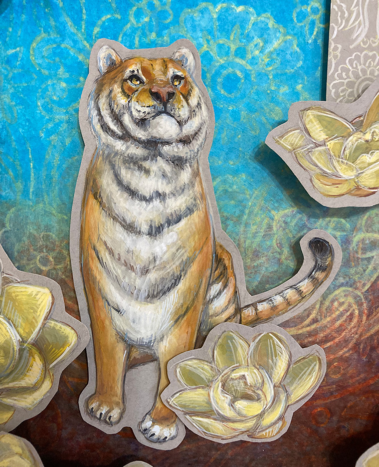 Art work depicting a Bengal Tiger sitting among yellow flowers on a blue background.