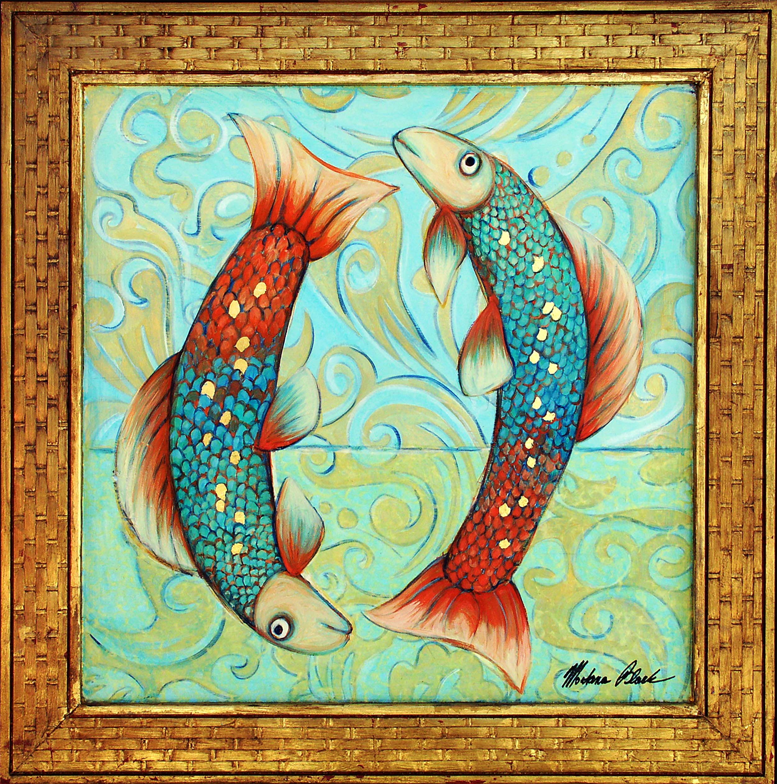 Pisces art work - two brightly colored fish on a aqua blue patterned background