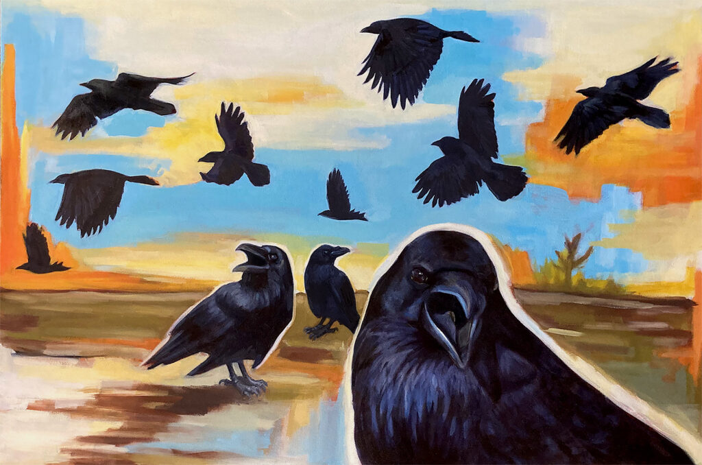 Severance - a painting of many ravens flynig in a desolate landscape