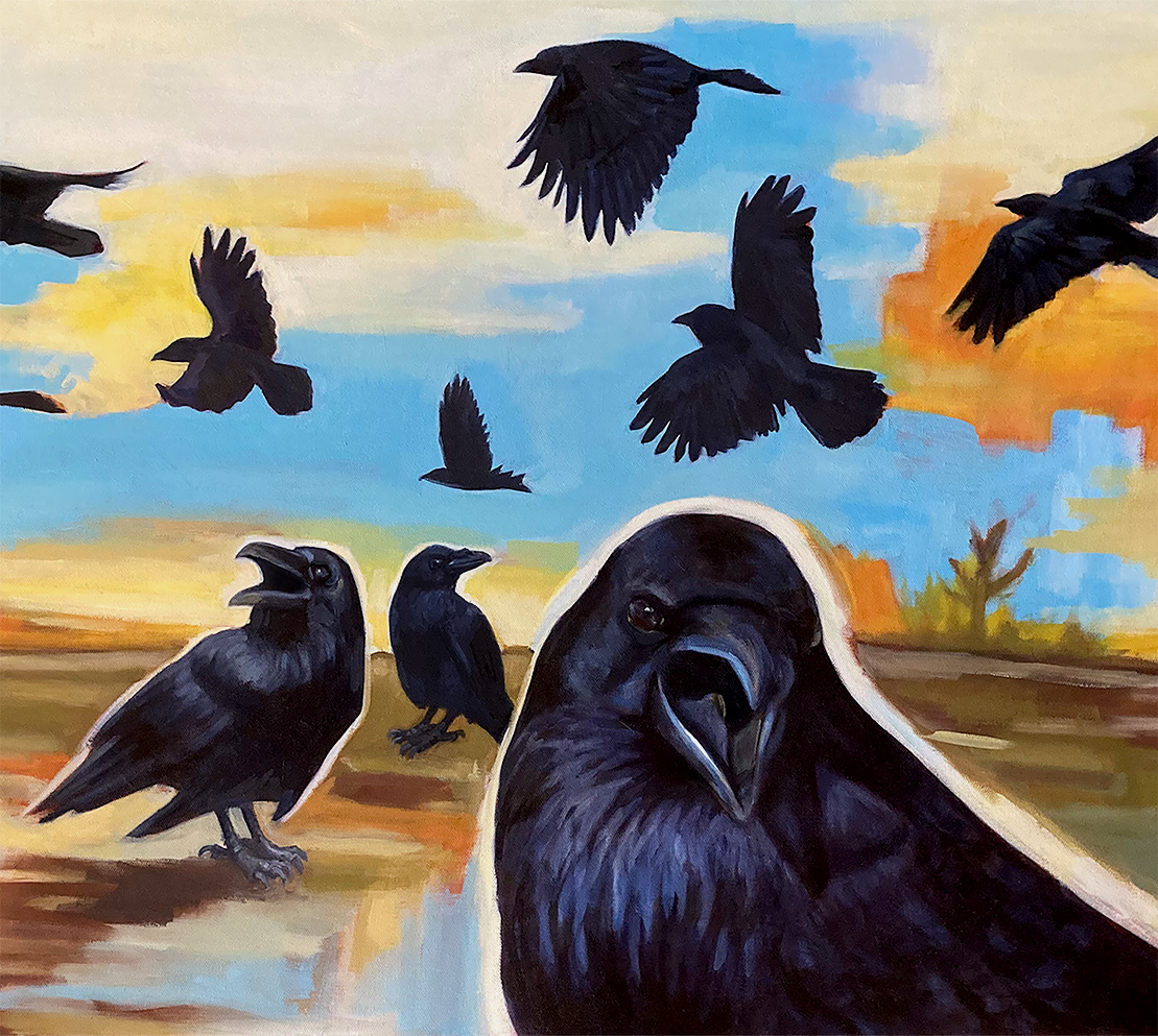 Severance - a painting of many ravens flynig in a desolate landscape