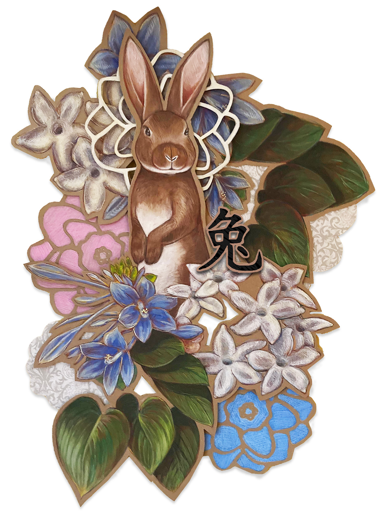 Mixed media artwork entitled Year of the Rabbit. A rabbit sitting in an arrangement of pink, blue and white flowers.