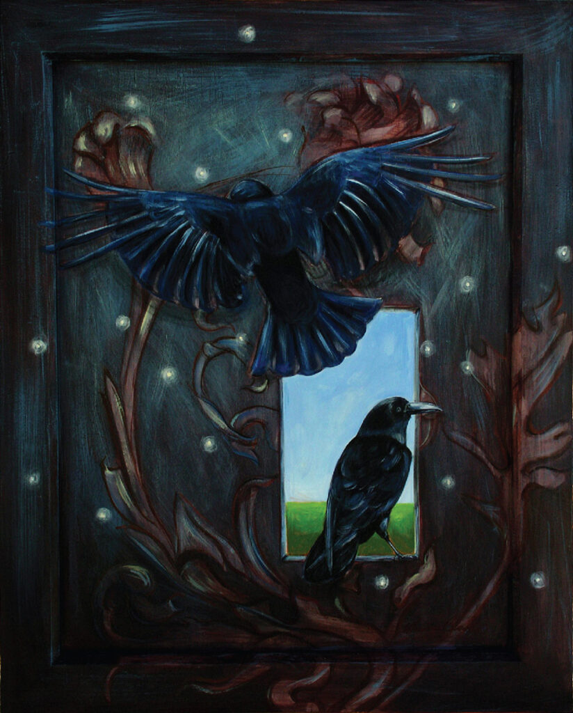 painting of a raven and crow in front of an open window.