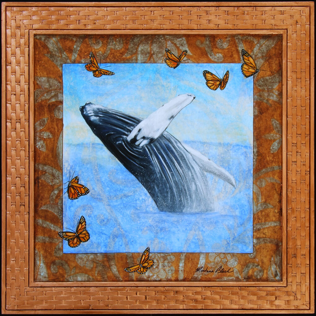 Painting of a humpback whale breaching in the sea.