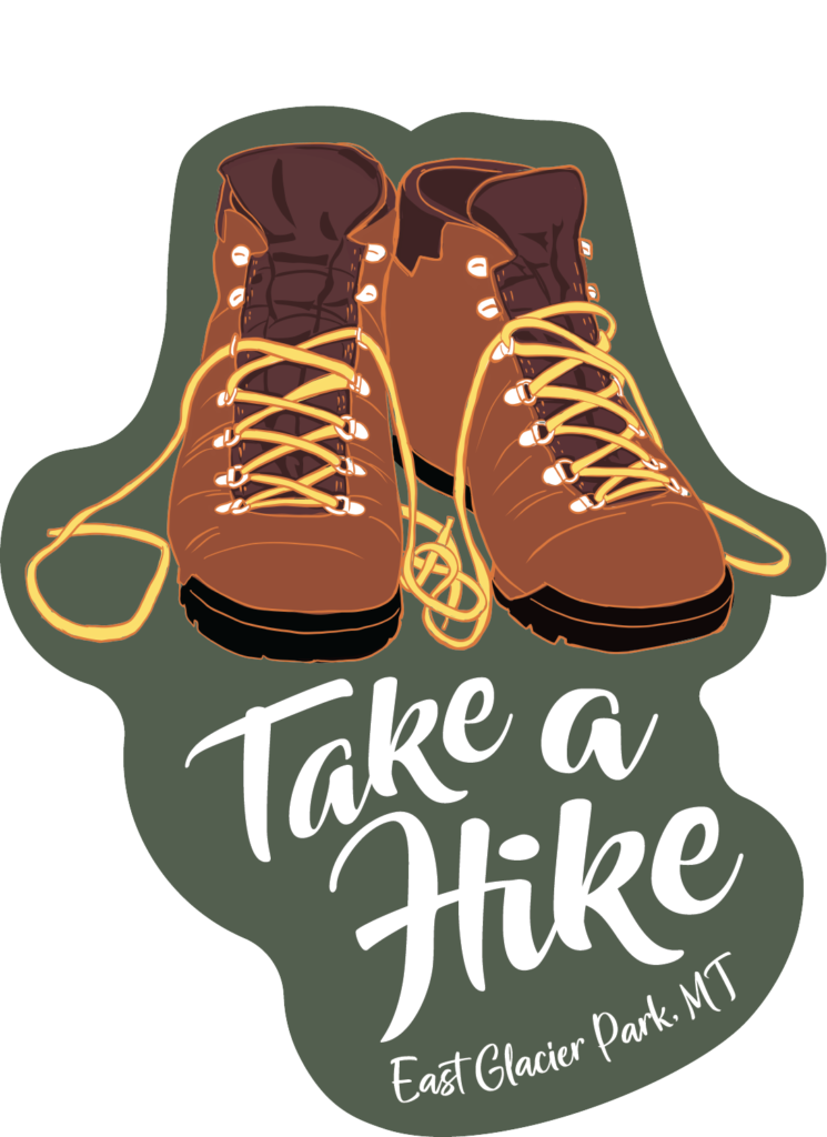 Vector illustration of a pair of brown hiking boots on a forest green background. The words "Take a hike." underneath.