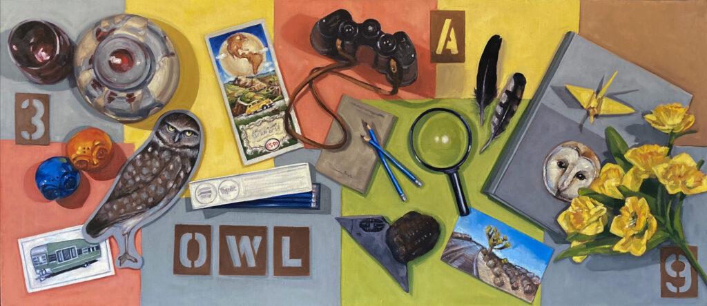 Painting still life of pottery, black binoculars, two feathers, a magnifying glass, two postcards, a vintage map, blue pencils, yellow flowers on multicolored papers.