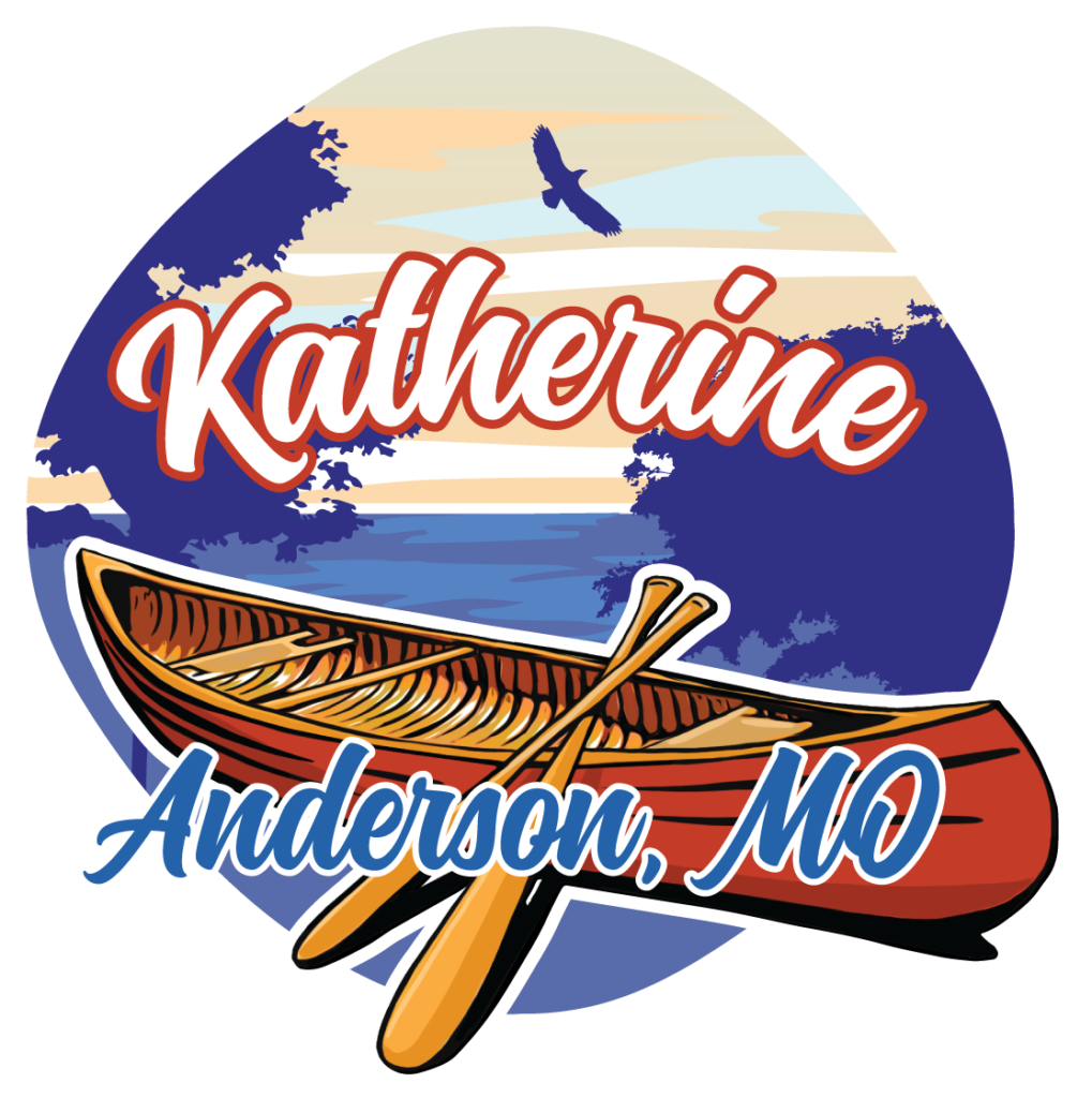 Illustration of a red canoe with two ors on a blue toned landscape of water and trees. The words "Katherine" and "Anderson, MO" layed out on top.