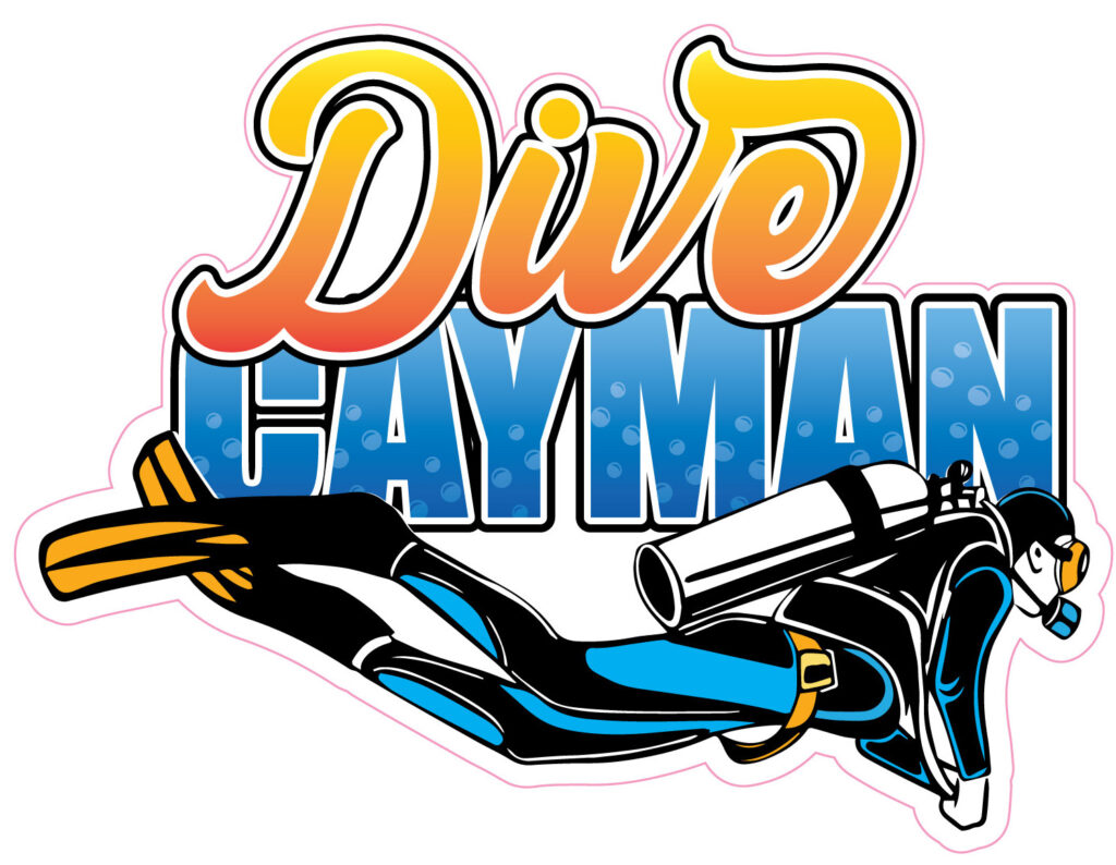 Illustration of a scuba diver underneath the letters "Dive Cayman"