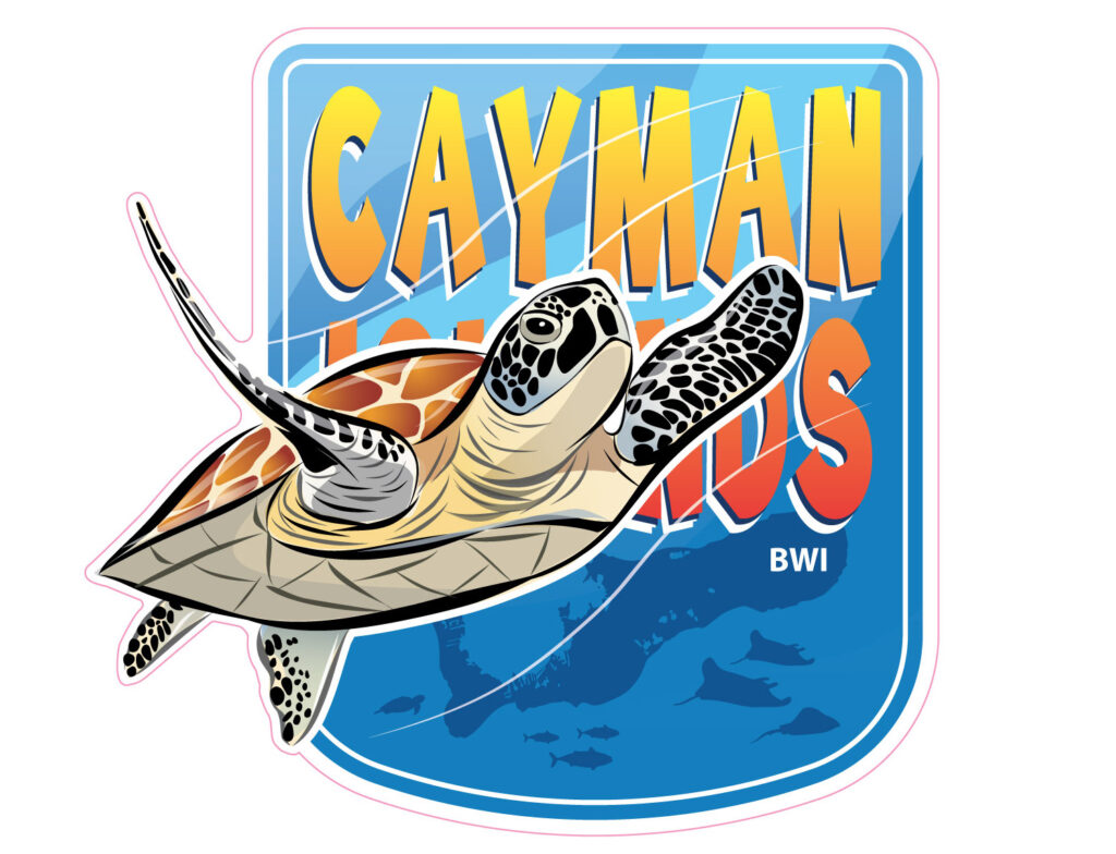 Illustration of a sea turtle over a map of the Cayman Islands in the British West Indies.