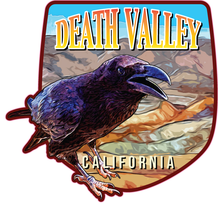 Illustration of a raven cawing in front of Zabriskie Point in Death Valley California