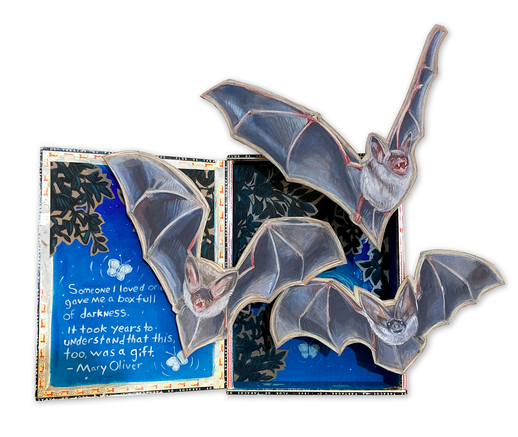 Mixed media art piece of bats flying out of a box.